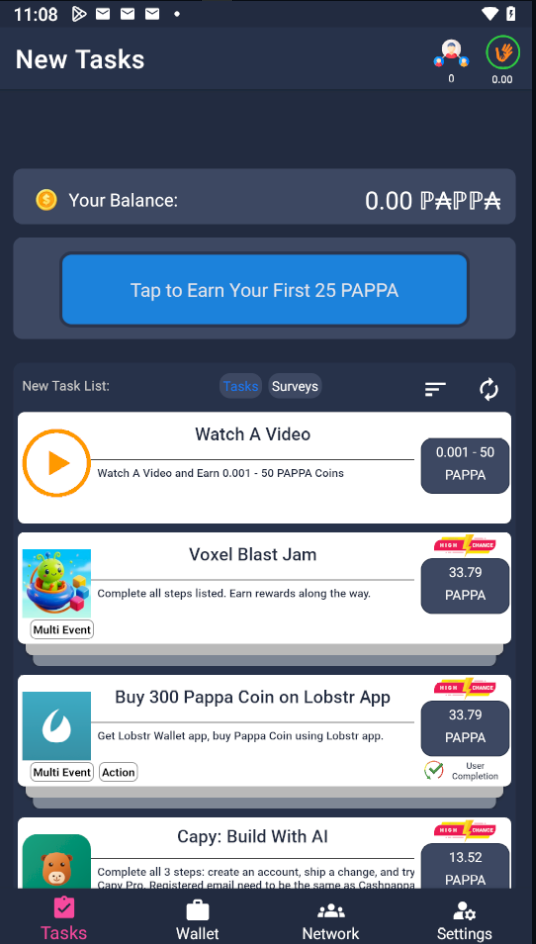 Cash Pappa Android task screen with a welcome-credit button, video activity and available offers